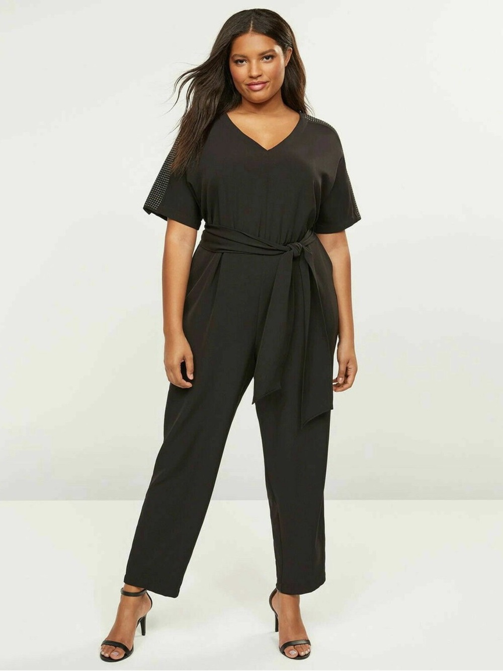 NWT Lane Bryant Black V-Neck Jumpsuit with Studded Shoulder Detail, Women's 16
